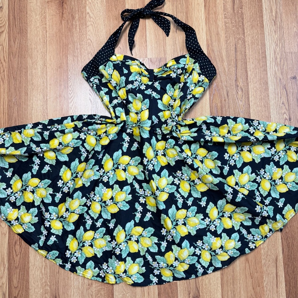 Vintage Hell Bunny Lemon Print Halter Dress Size L Cottagecore Pin Up Retro 🍋